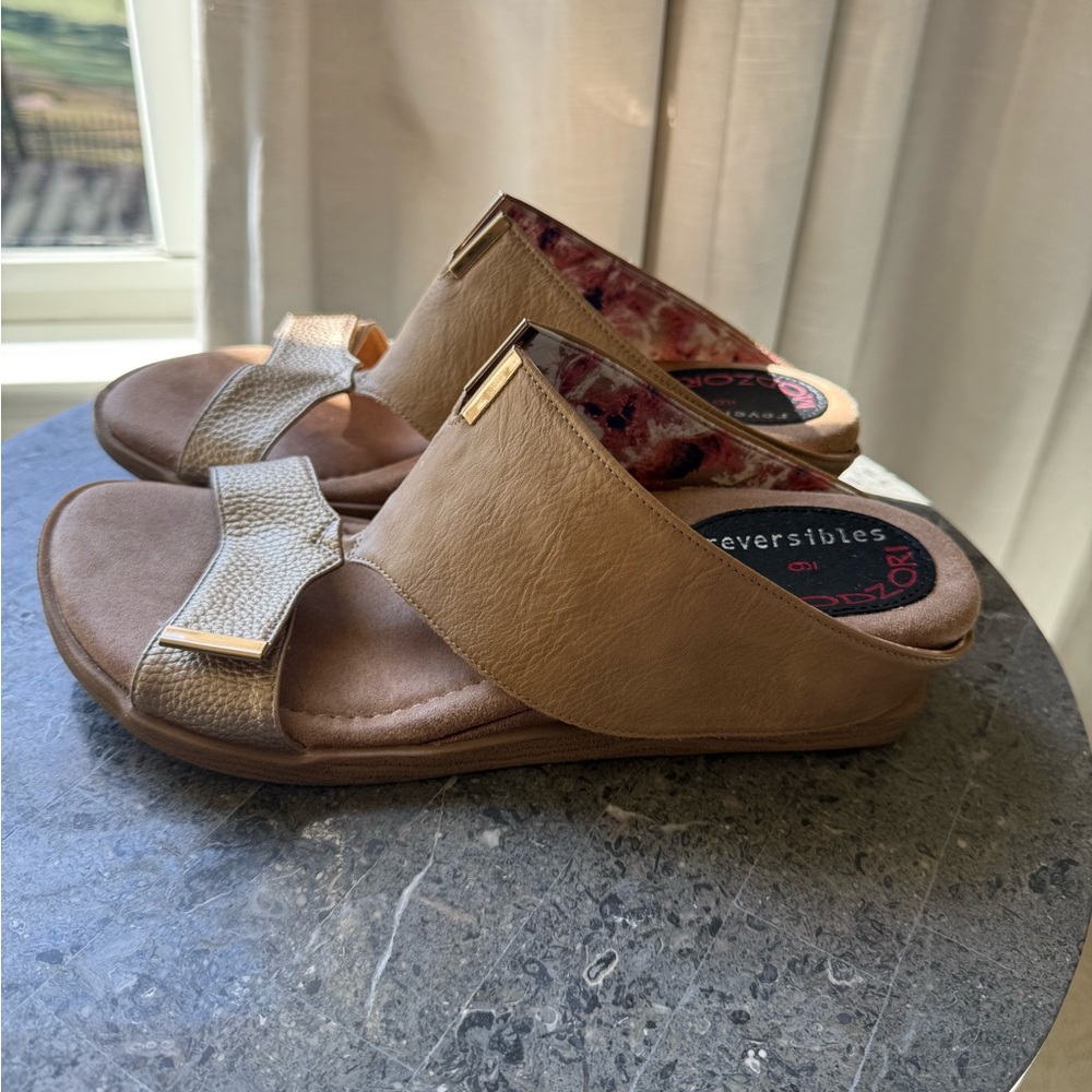 Modzori Reversible-Women's Floral Sandals - Gold, Pink and Tan